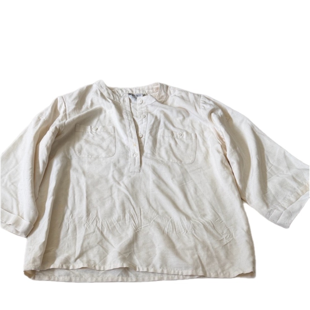 Ronie Vintage 100% Silk Blouse Cream Off White Band Collar Henley‎ Top Size 16
